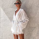 Fongt / Summer 2024 French Long-Sleeve Lace Top Loose Shorts Suit Women's Solid Color Casual Two-Piece Set-Outfit