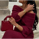 Burgundy Off Shoulder Fold Knit Midi Dress-Outfit
