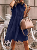 Fongt Summer Leisure Leisure Loose Sleeveless Pressure Pleated Stitching Solid Color Large Swing Round Collar