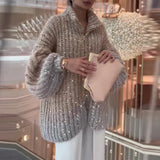 Fongt Autumn / Winter New Style Heavy Industry Sequins Zipper Standing Collar Loose Sweater Coat Female-Outfit