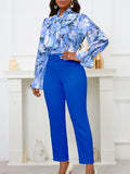 Fongt New Fashion Print Strap Long-Sleeved Top High-Waisted Trousers Set