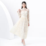 Fongt Suit Female Magenta Elegant Lantern Sleeve Embroidered Mesh Shirt High Waist Swing Half Body Skirt Spring Dress Two Sets