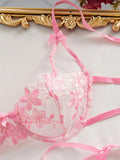 Ribbon Tie Up Embroidery Flower Half Cup Lingerie Set-Outfit