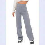 Fongt Fashion New Women's Casual Straight Pants High Waist Button Elastic Belt With Multiple