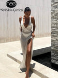 White Crochet Beach Dress Women Coverups Backless Cover Up Knitted Maxi Dresses Summer See Through Side Split Sexy