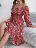 Autumn And Winter Elegant Broken Flower Collar Long Sleeves To Close The Waist Lotus Leaf Side A Dress Women's