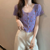 Fongt Bubble BM Broken Flower T-Shirt New Short Ins Lace Korean Version Sweet Renoval Sweet Sleeve