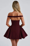Burgundy Off-shoulder Mini Dress-Outfit