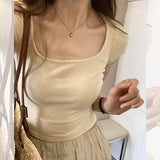 Square Collar Design Small Solid Color T-Shirt Women's Short Sleeves Show Thin Exposed Collarbone Short Style Sweet Hot Style