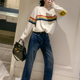 Fongt Stripe Smiling Face Long Sleeve Sweater Female Autumn Dong New Style Retro Lazy Wind Loose Head Round Collar Knit Top-Outfit