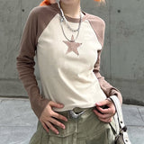 Harajuku Full Sleeve Crop Top Cute Star Stitched Crewneck Basic T-shirt Women Casual Patchwork Vintage Tee Streetwear Y2k-Outfit