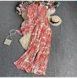 Fongt Suit Female Korean Version Of The Lantern Sleeves Loose Single-Chamed Dizzled Dyed Printed Shirt Three Sets Of High-Rise Broad-Legged Trousers