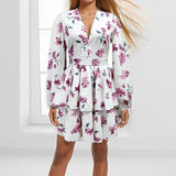 Fongt Autumn And Winter Women's Elegant Fashion V-Neck Bubble Long Sleeve Print Flounce Short