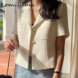 Notched Collar Tweed Jackets Exquisite Single-breasted Chaqueta Mujer Short-sleeved Jaquetas Summer Spring Coats-Outfit