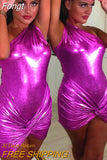 Piece Set Women Night Club Outfits Sexy Slant Shoulder Bright Bodysuits+High Waist Ruched Twist Mini Skirts 2023 Spring