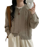 Fongt Coat Double Zipper Knit Cardigan Female Fall 2024 Design Sense Casual Loose Round Neck Sweater Top-Outfit
