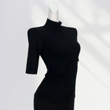 Fongt High Temperament Style Half High Collar Sleeve Bottom Shirt Female Five Sleeve Black With Short Sleeve Slim Jacket-Outfit
