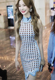 Asymmetrical Wavy Hem Round Collar Knit Midi Dress-Outfit