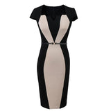 New Elegant Short Sleeve Office Work Dress Women Plus Size Patckwork Midi Pencil Dresses Ladies Slim Evening Party