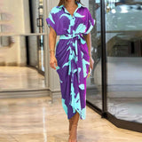 Fongt Summer Single Buckle Long Shirt Women's Printed Short-Sleeved Dress