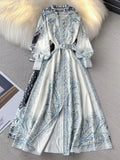 Fongt And Autumn Dress Retro Court Style Lapl Lantern Sleeve Print Dress Women's Single Buckle Large A-Word Over Knee Dress
