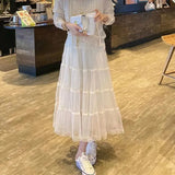 Fongt New Long Lace Layer Patchwork Mesh Skirt Over The Knee A Word Versatile Vertical Skirt Female Autumn-Outfit