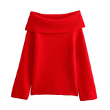 Fongt Women's New Autumn And Winter Temperament Long-Sleeved Shoulder Simple Sweater Knitted Jersey