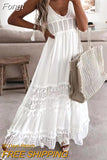 Casual Women V Neck Beach Dress Lace Patchwork Solid Bohemian Maxi Dress Hollow Out Sleeveless Female Slim Tassel