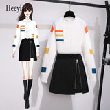 Autumn Winter Warm Korean Sweet 2 Pieces Sets For Women Knitted Pullover Long Sleeve Sweater And Black Shorts Skirts