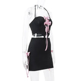 Black Halter Bow Tie Up Top And Mini Skirt Set-Outfit