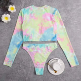 Fongt New Tie-Dye Multi-Color Print Long Sleeve Split Bikini