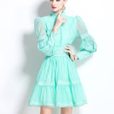 Fongt Elegant Bubble Sleeve Lace Splicing Mesh Dress Women's Court Collar Lantern Sleeve A-Word Skirt