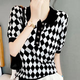 Polo-Neck Button Knitted Blouse Summer Thin Casual All-match Plaid Patchwork Female Clothing Loose Short Sleeve Shirt New-Outfit