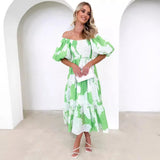 Fongt Spring And Summer Temperament Elegant Print Shoulder Bubble Sleeve Fashion Dress