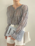 Fashion Pleated Casual Blouse Women Summer New Loose Folds Perspective Chiffon Shirt Long Sleeve Tops Blusas Mujer