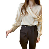 Slim Women Off-Shoulder Long Sleeve Chiffon Blouse Autumn 2023 Elegant Satin shirt Solid OL Tops Chemisier Femme