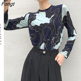 Abstraction Print Long Sleeve Top Women Elasticity Tshirt Crewneck T Shirt Ladies Designer Top Crew Neck Bodycon