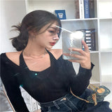 Fongt Two Knitted Shirt Women Spring New Sexy Slimy V Collar Hanging Neck Long Sleeve Bottom