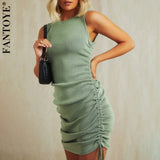 Cotton Ruched Drawstring Sexy Party Dress Women Sleeveless Elastic Mini Dress Vintage Summer Bodycon Club Wear