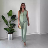 Fongt Women's Temperament Elegant Solid Color V-Neck Sleeveless Vest High-Rise Broad Leg Trousers Set