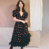 Sweet Pink Mesh Long Strawberry Dress Korean Fashion V-neck Embroidery Sequins Tunic Party Dress Holiday Midi Dresses-Outfit