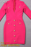 2023 New Elegant Long-Sleeved Rose Red Button Tight Bandage Dress Summer Women'S Sexy Deep V-Neck Mini Party