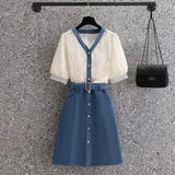 Women Lace Patchwork Denim Dresses Summer Short Sleeve V Neck High Waist A-line Dresses Korean Casual Women Dresses