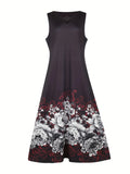 Fongt Sleeveless Dress Female Positioning Print Dress Bohemian Retro Long Dress