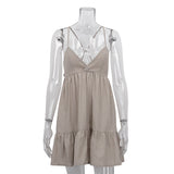 Fongt Early Spring Ins Wind New Retro A-Line Slip Dress Sexy Hot Girl Pleated Cotton Linen V-Neck Dress-Outfit