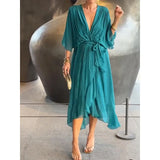 Fongt New Women's Solid Color With Long Skirt Bat Sleeve Irregular Dress