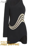 2023 New Women's One Shoulder Long Sleeve Mesh Patch Diamond Club Evening Sexy Party Mini Bandage Dress