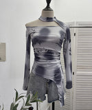Long-Sleeved Irregular Design Small T-Shirt Women's Autumn Dress Print Hollow Tight Hottie Top