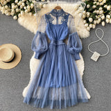 Industry Three-Dimensional Flower Net Gauze Temperament Standing Collar Lantern Sleeves High Waist Show Thin Sling Two Set Fairy Dress-Outfit