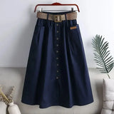 Waist Skirt Large Pocket Send Belt Women's Summer Skirt Fashion Casual Solid A-LINE Elastic Waist Single Button Midi